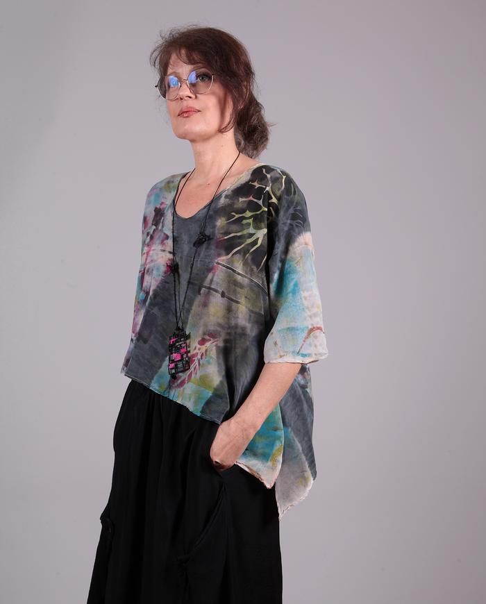 'a walk through the park' asymmetrical hand-painted silk blouse