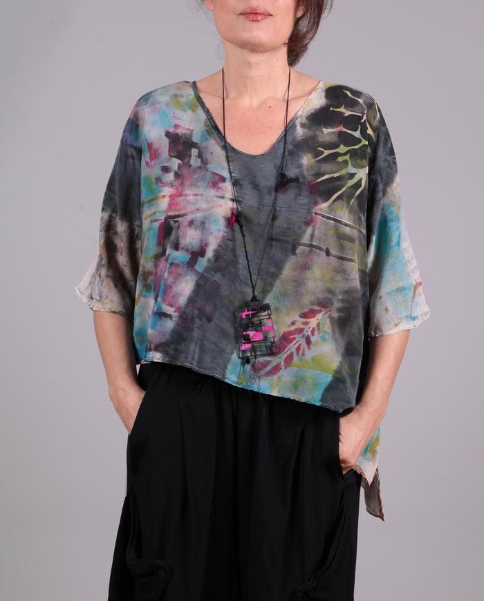 'a walk through the park' asymmetrical hand-painted silk blouse