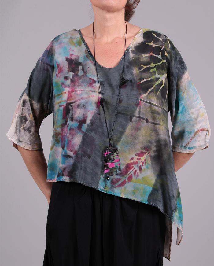 'a walk through the park' asymmetrical hand-painted silk blouse