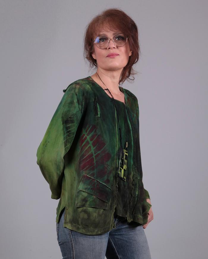 'pure tranquility' silk wearable art long-sleeve blouse