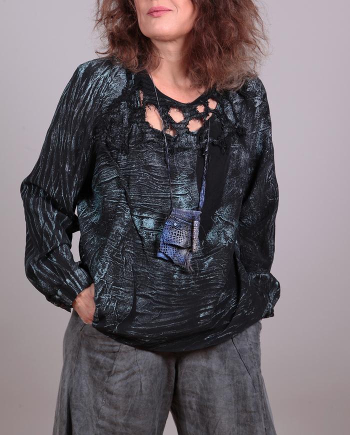 edgy elegant textured silk black and sky blue top