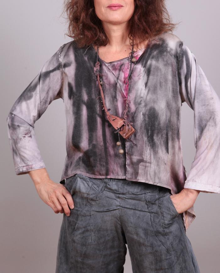 'pink ink' silk relaxed mixed fabrics top