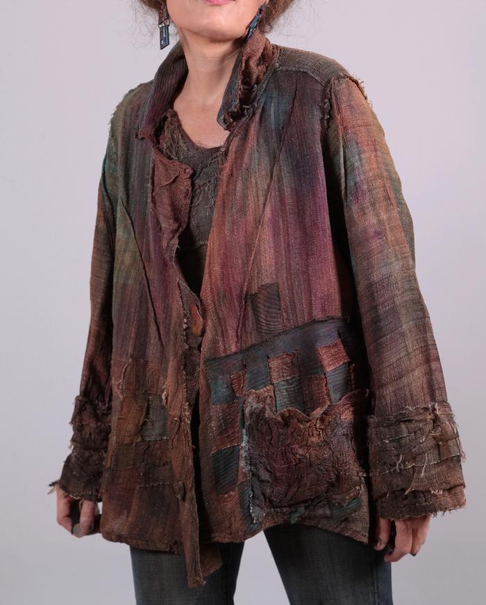 'wrapped in art' detailed textured drapey silk one size jacket