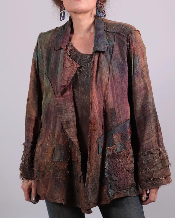 'wrapped in art' detailed textured drapey silk one size jacket