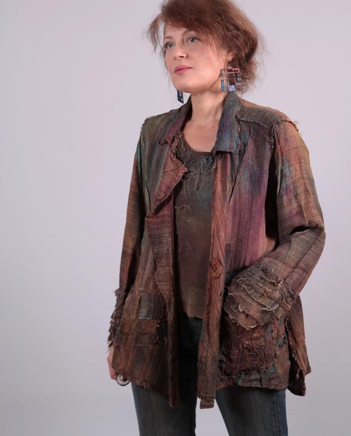 'wrapped in art' detailed textured drapey silk one size jacket