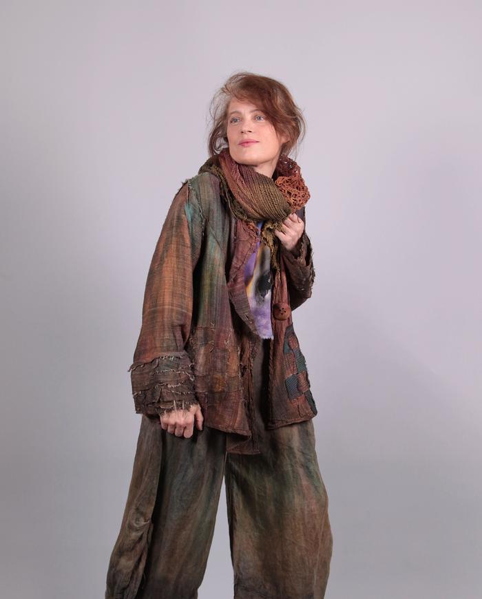 'wrapped in art' detailed textured drapey silk one size jacket