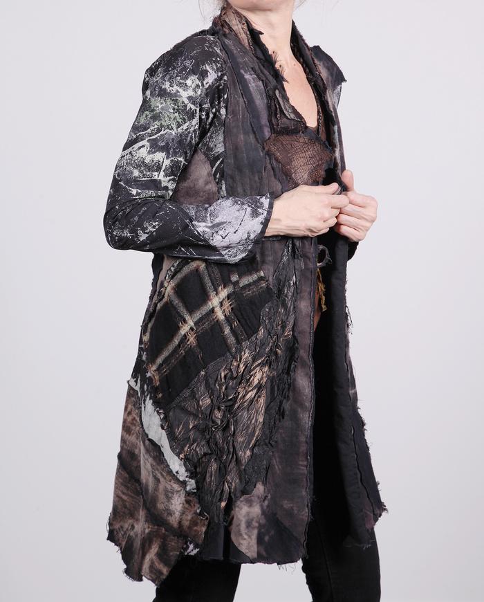 'follow the lines' kaftan length mixed fabrics black and brown jacket