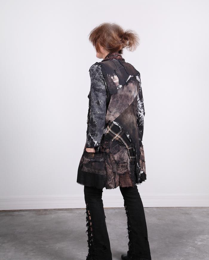 'follow the lines' kaftan length mixed fabrics black and brown jacket