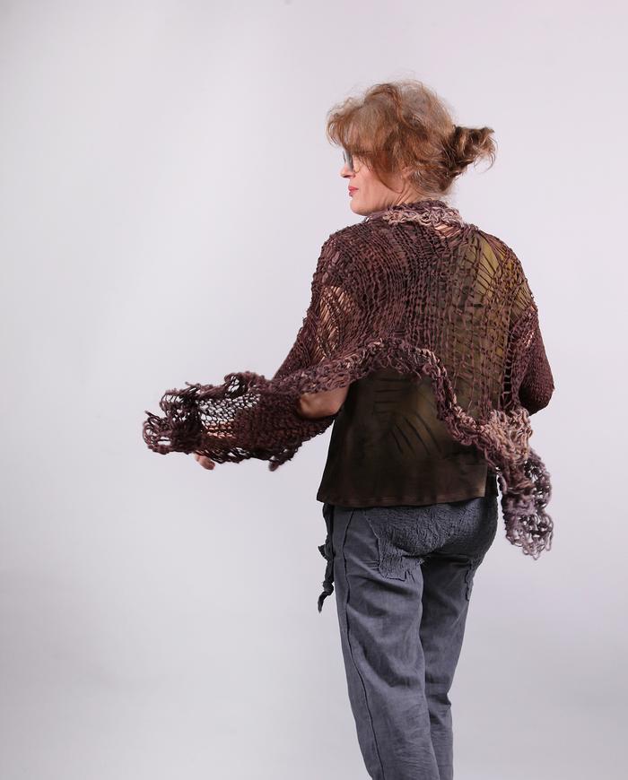 'sleeves-to-go' asymmetrical hand-knitted shrug/cardigan