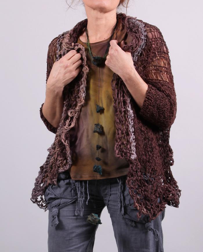 'sleeves-to-go' asymmetrical hand-knitted shrug/cardigan