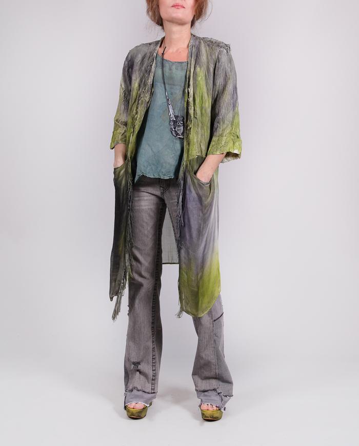 'texture play' mixed fabrics hand-painted jacket with fringe