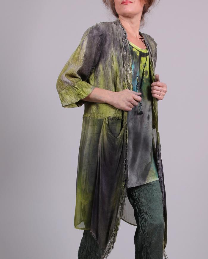 'texture play' mixed fabrics hand-painted jacket with fringe