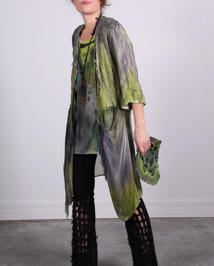 'texture play' mixed fabrics hand-painted jacket with fringe