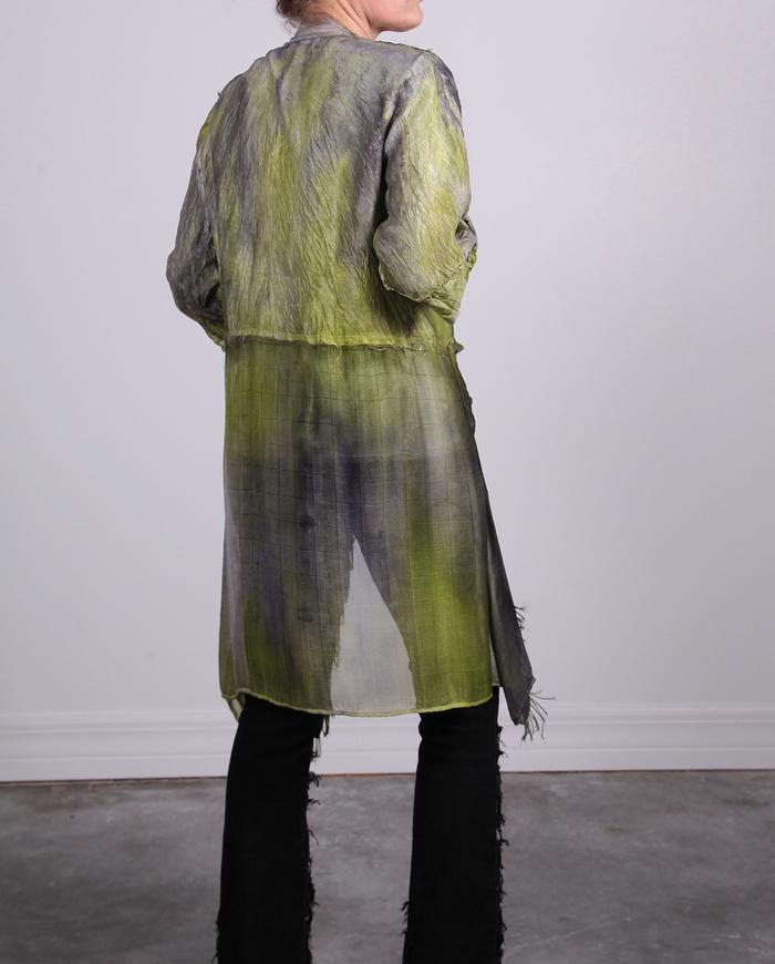 'texture play' mixed fabrics hand-painted jacket with fringe