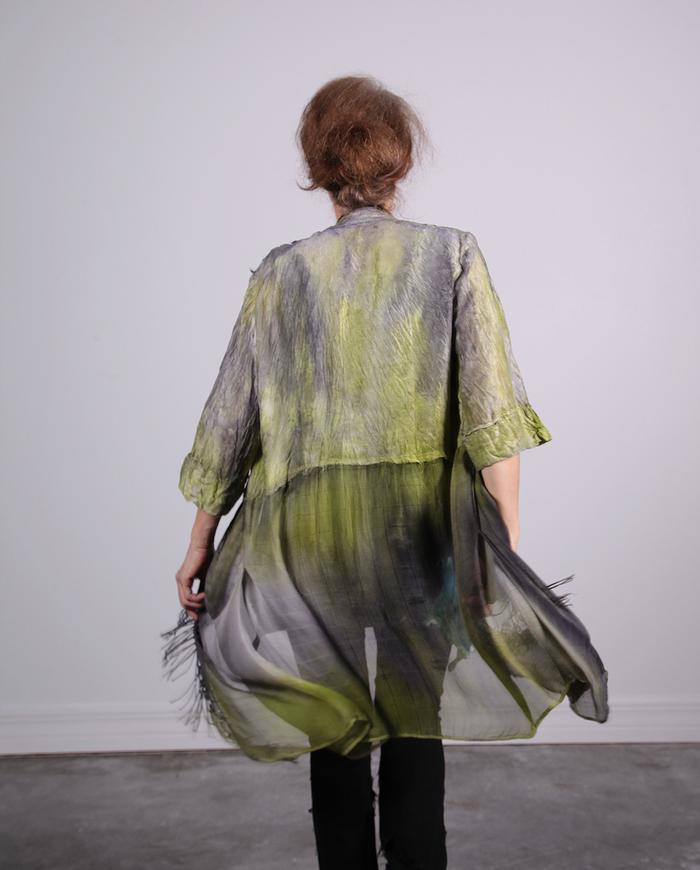 'texture play' mixed fabrics hand-painted jacket with fringe