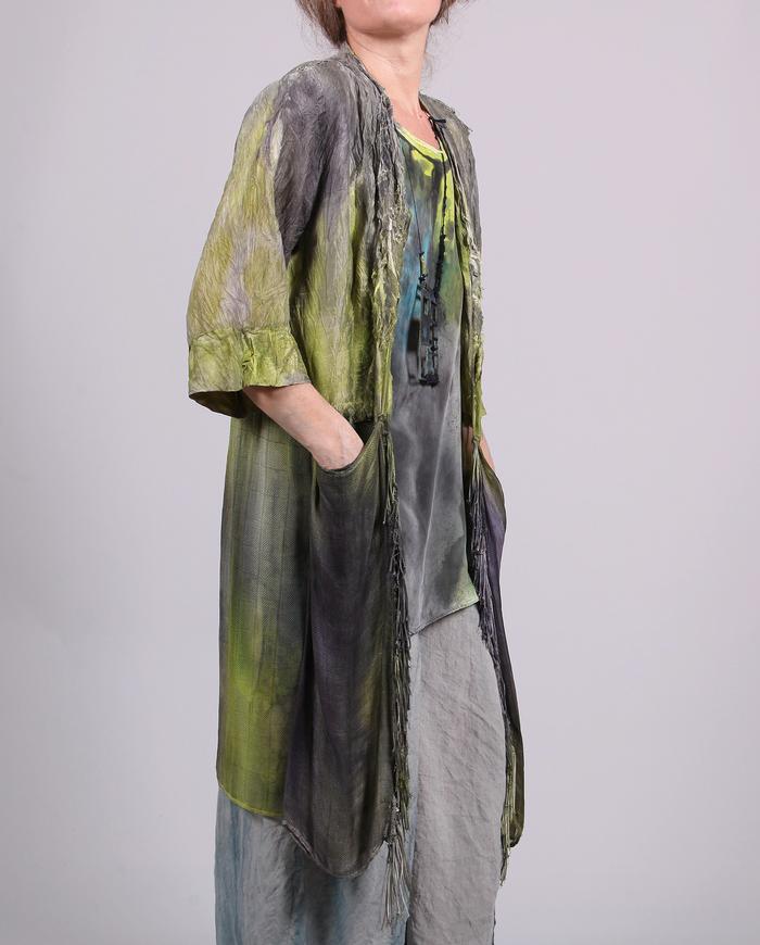 'texture play' mixed fabrics hand-painted jacket with fringe