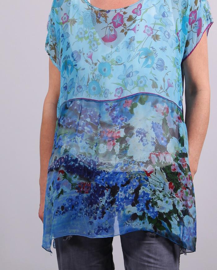 'blue garden' sheer silk short sleeve top