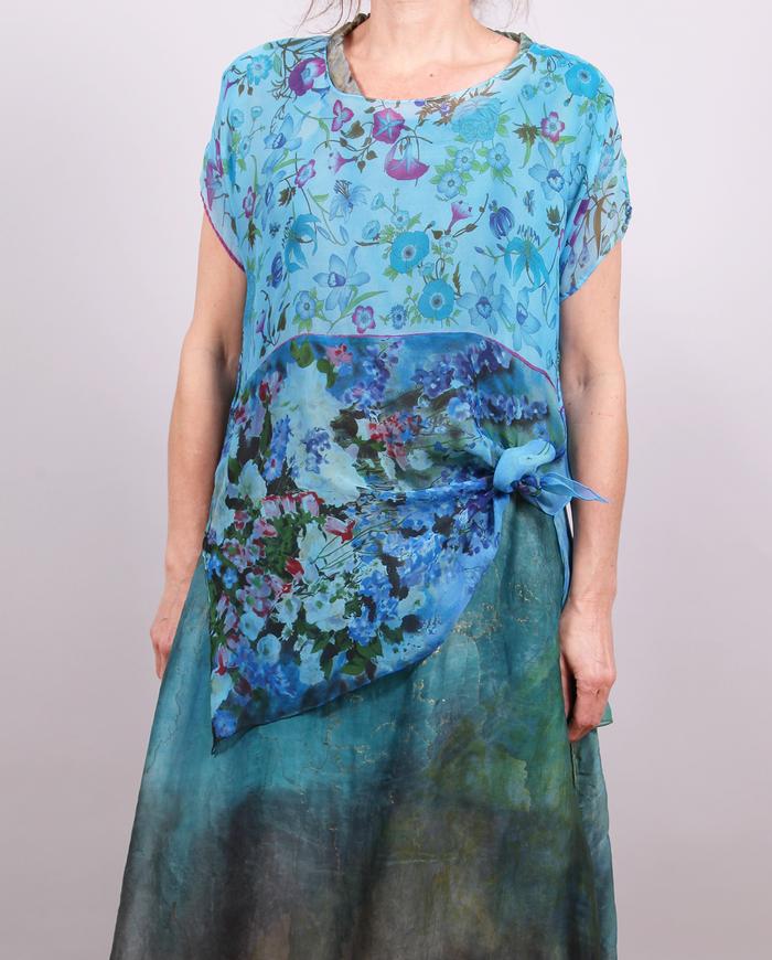 'blue garden' sheer silk short sleeve top