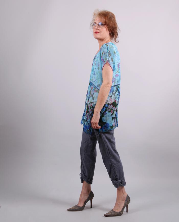 'blue garden' sheer silk short sleeve top