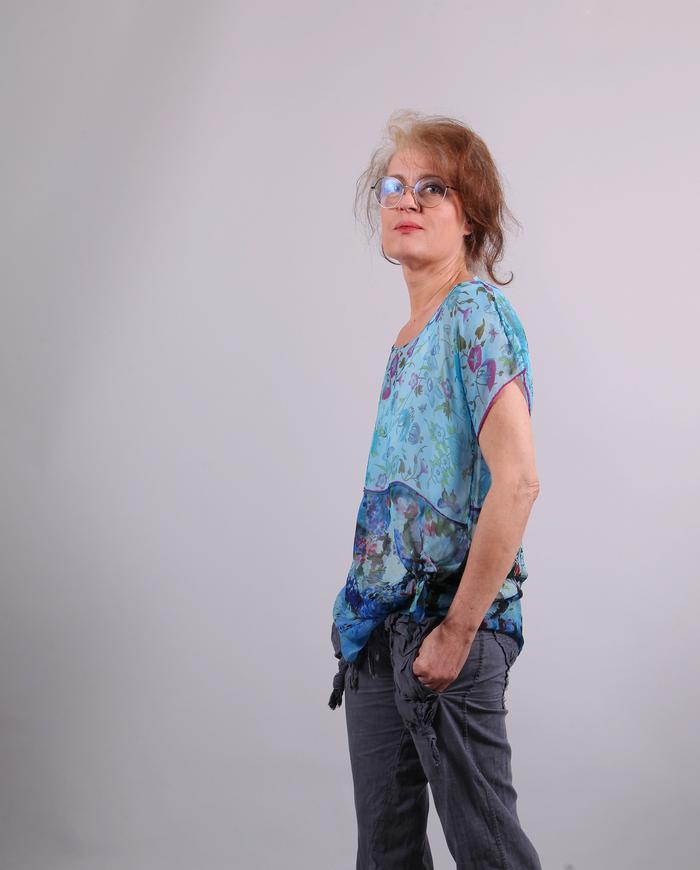 'blue garden' sheer silk short sleeve top