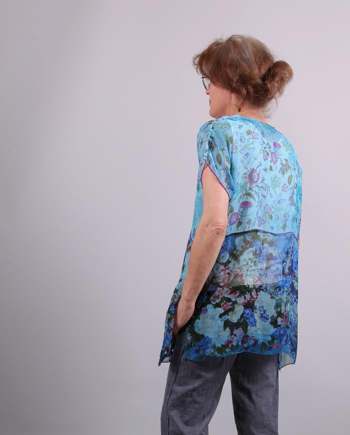 'blue garden' sheer silk short sleeve top