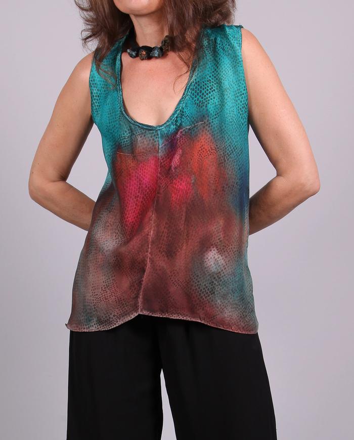 'like forest fire' high-low sleeveless silk blouse