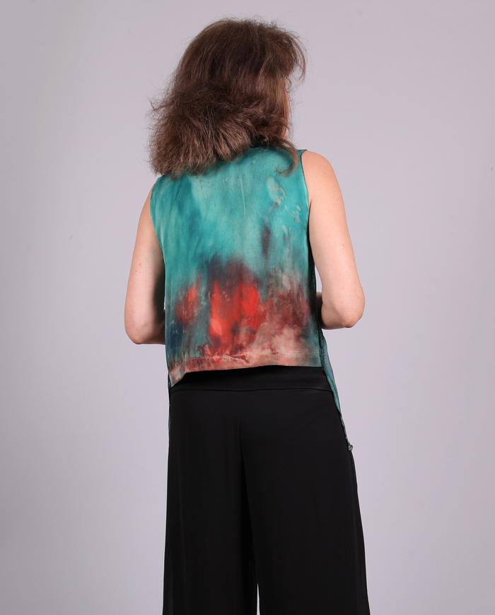 'like forest fire' high-low sleeveless silk blouse