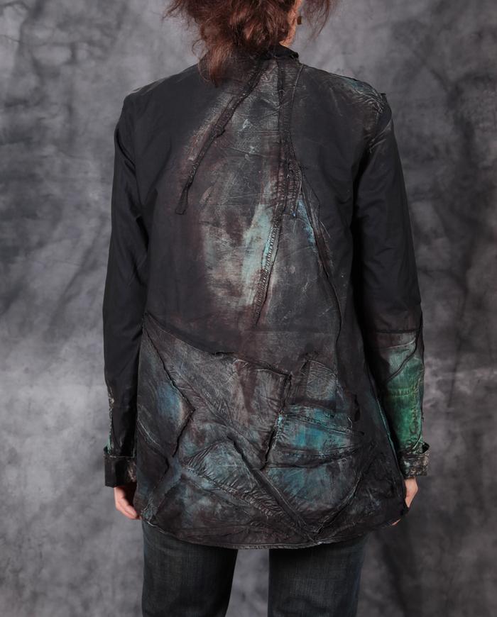 detailed distressed lightweight black/teal button-down shirt jacket