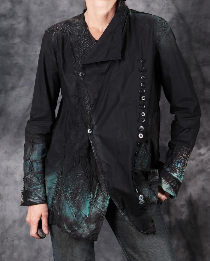 detailed distressed lightweight black/teal button-down shirt jacket