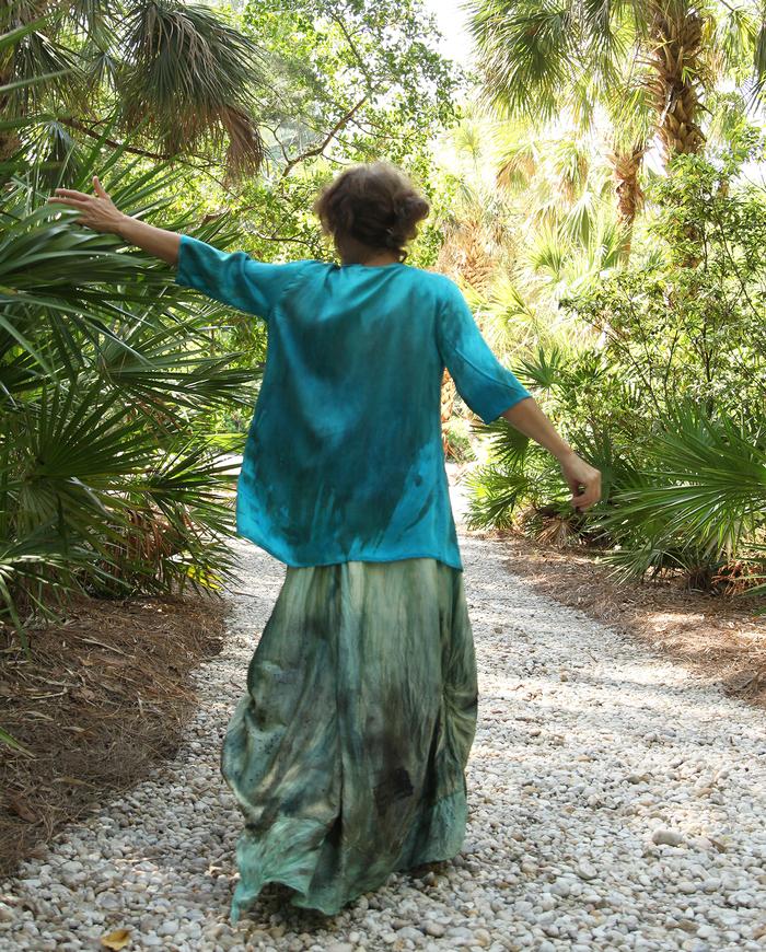 distressed hand-painted turquoise silk tunic