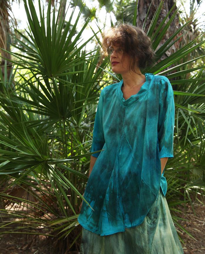 distressed hand-painted turquoise silk tunic