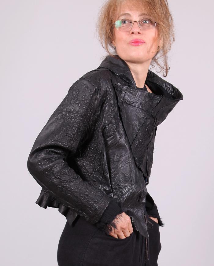 'modern city couture' hand-textured black soft leather jacket