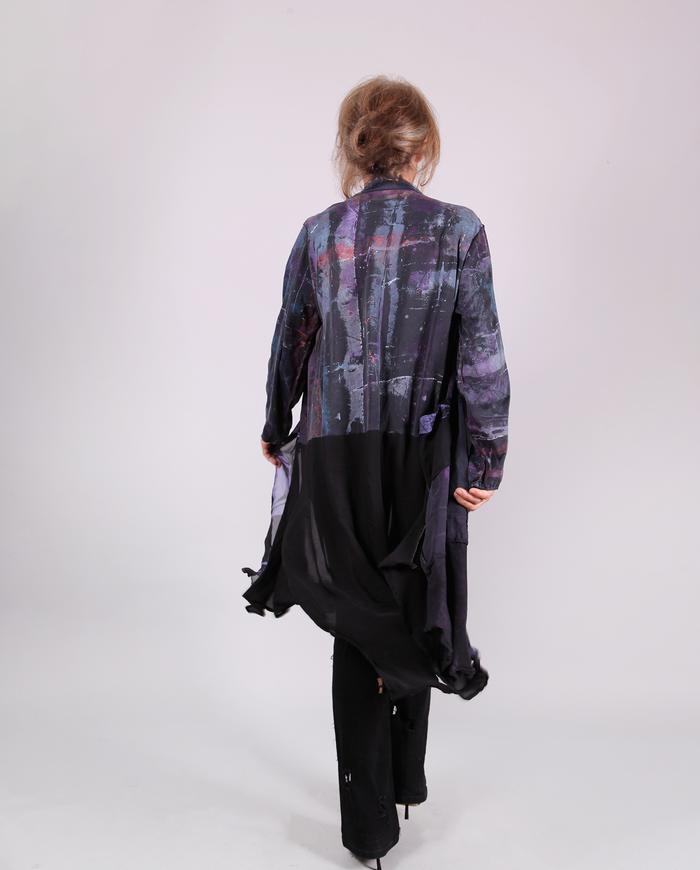 'mixed up in the dark' asymmetrical long silk crepe jacket