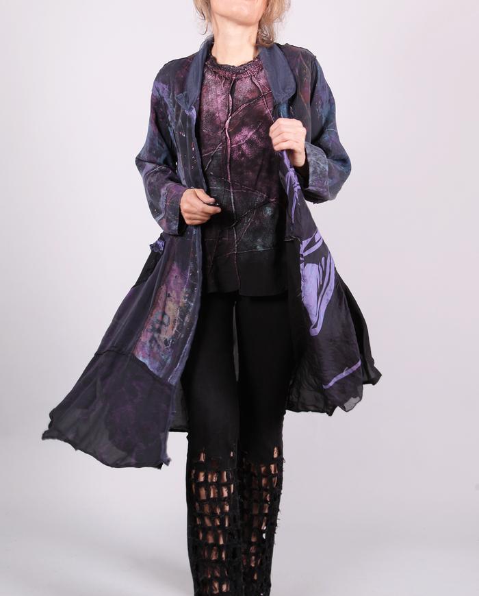 'mixed up in the dark' asymmetrical long silk crepe jacket