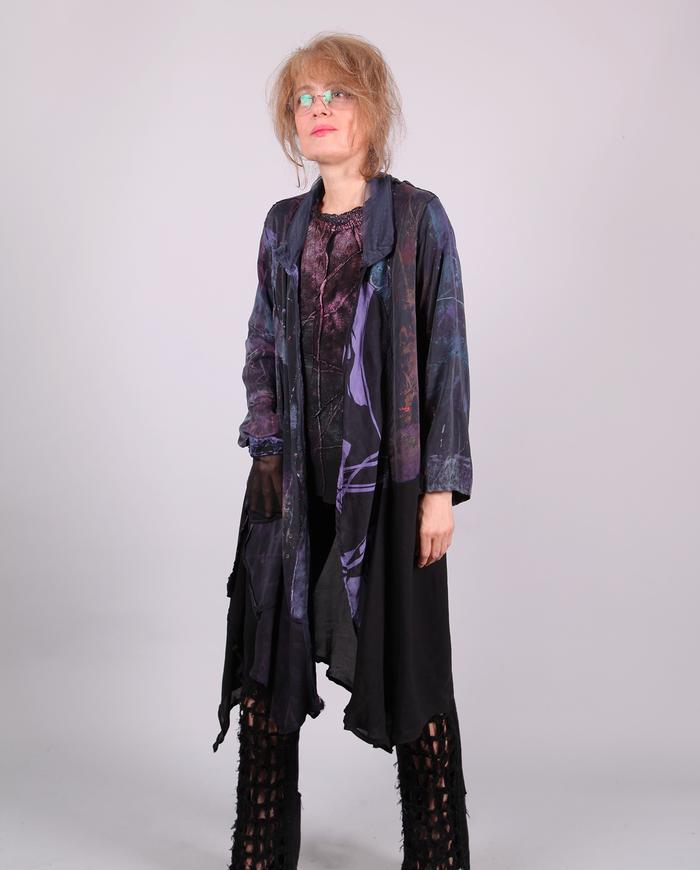 'mixed up in the dark' asymmetrical long silk crepe jacket