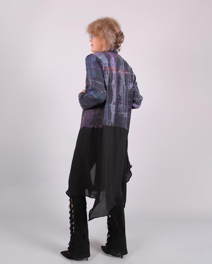 'mixed up in the dark' asymmetrical long silk crepe jacket