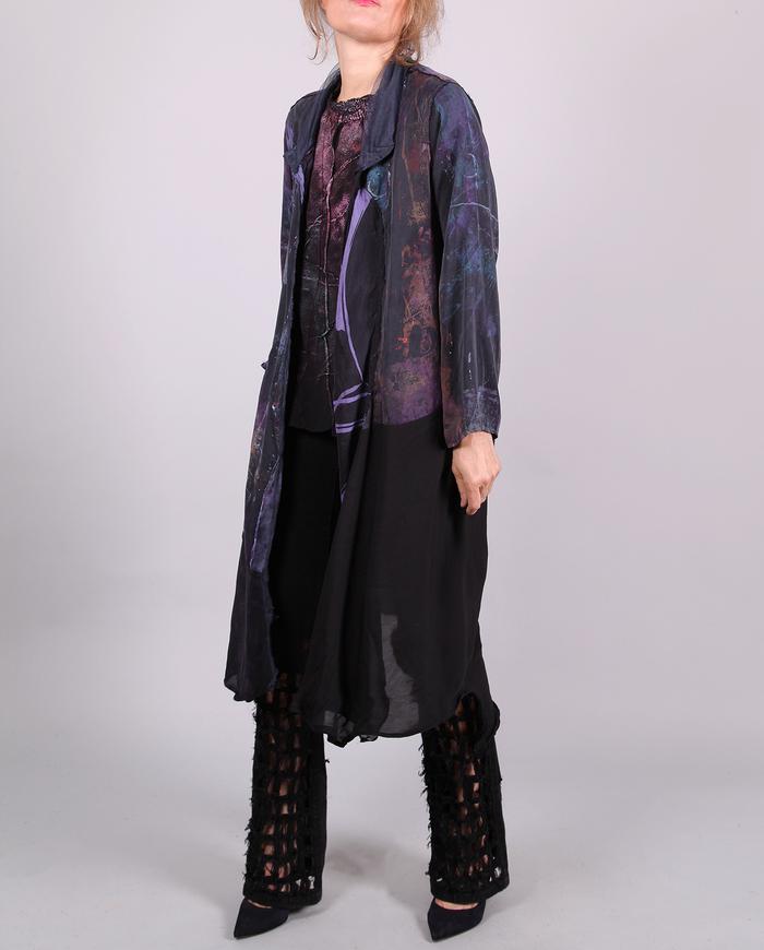 'mixed up in the dark' asymmetrical long silk crepe jacket