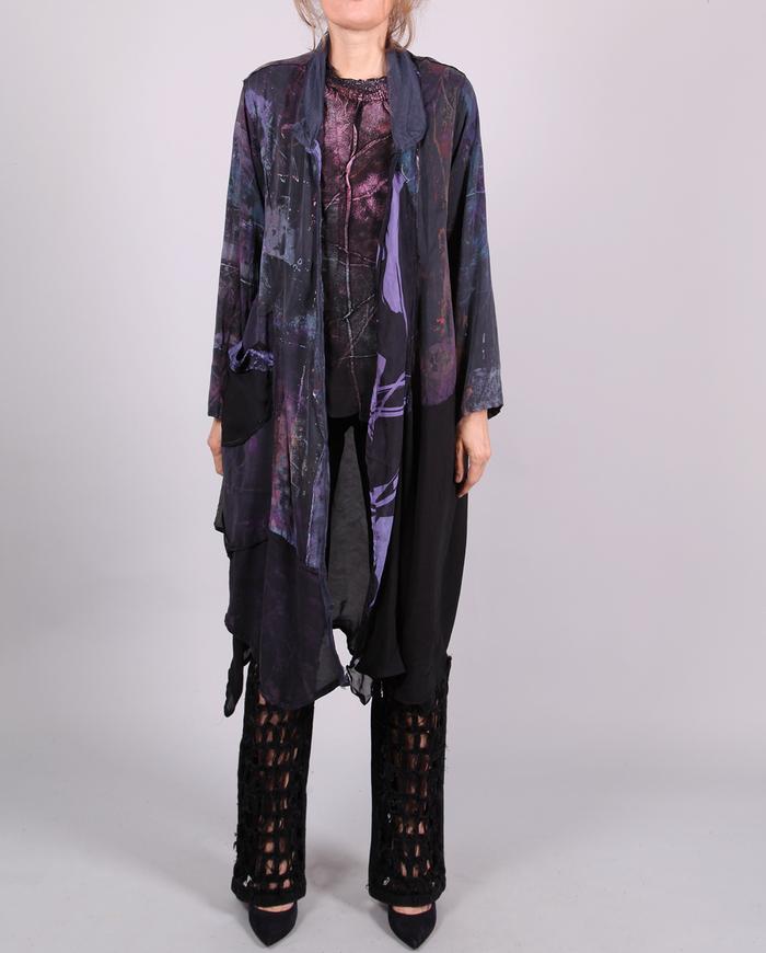 'mixed up in the dark' asymmetrical long silk crepe jacket