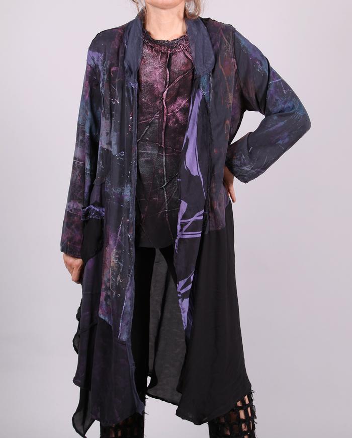 'mixed up in the dark' asymmetrical long silk crepe jacket