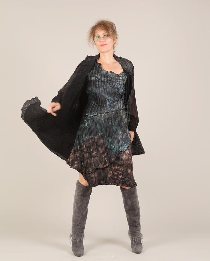 'pleat me a sculpture' avant-garde sculptural asymmetrical metallic-over-black dress