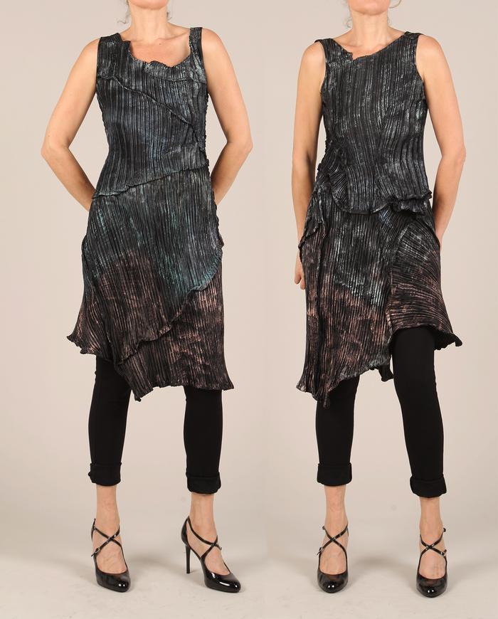 'pleat me a sculpture' avant-garde sculptural asymmetrical metallic-over-black dress